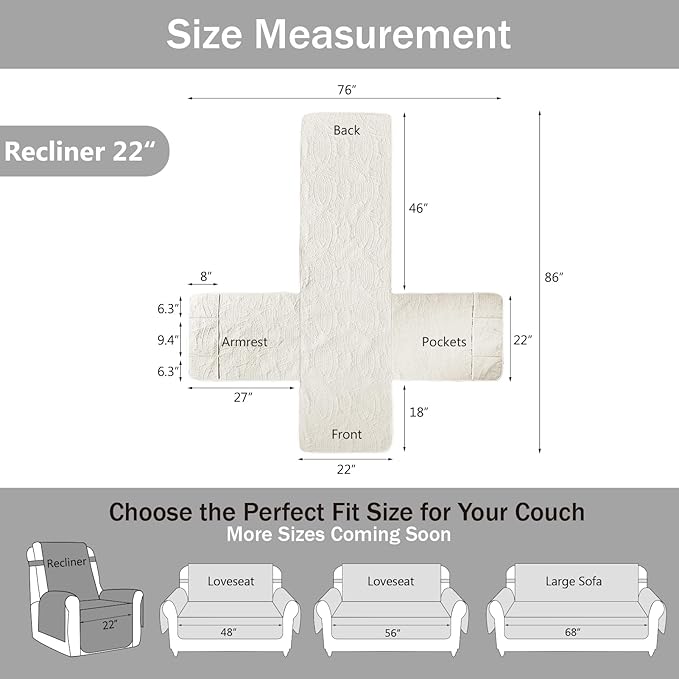 Quilted Recliner Chair Covers, Water-Repellent Slipcovers, Off White Recliner - Image 6
