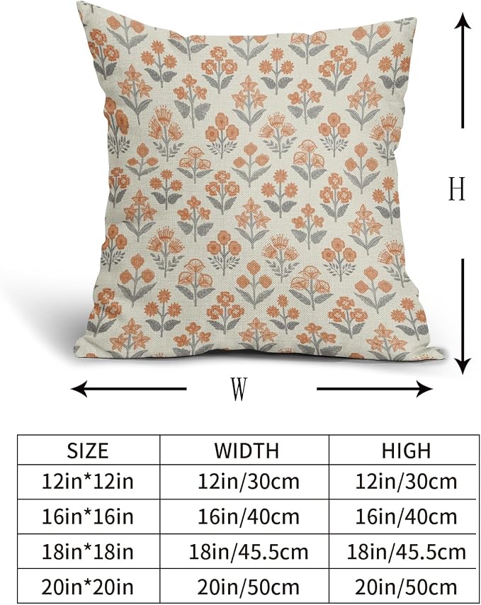 Orange Grey Gray Floral Block Print Pillow Covers 20x20 Inch Set of 2, Vintage - Image 5