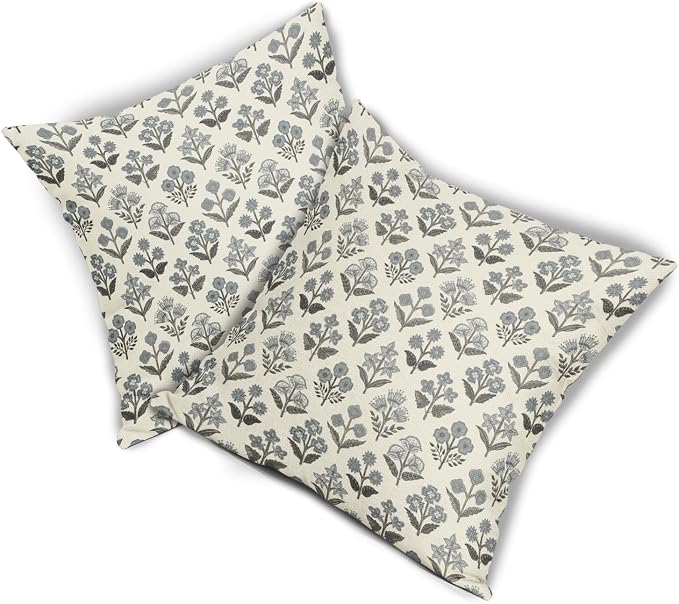 Black Dusty Blue Floral Pillow Covers 18x18 Inch Set of 2, Vintage Flower Block - Image 8