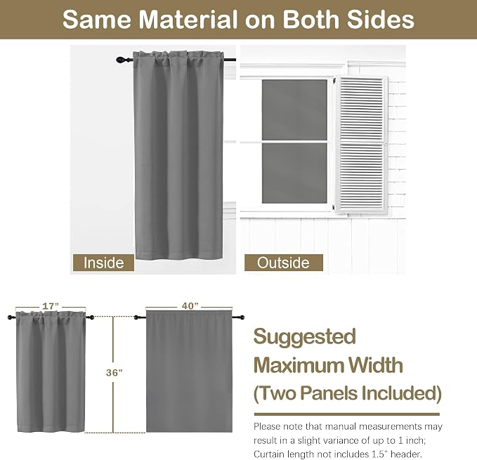 OVZME Grey Blackout Curtains for Small Window Treatment, Light Blocking Short - Image 2