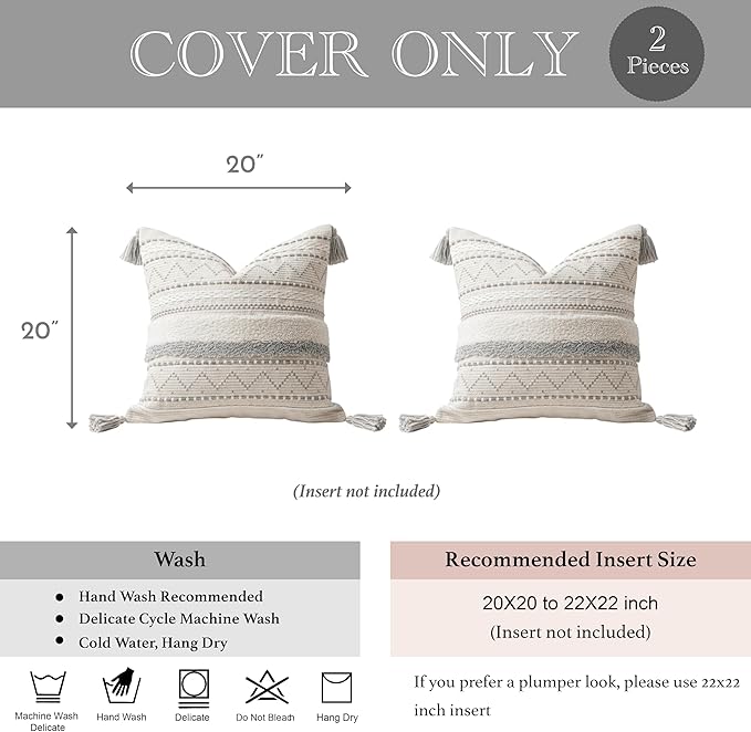 BlissBlush Gray Decorative Throw Pillow Covers 20x20 Combo Set of 2 Square Boho - Image 5