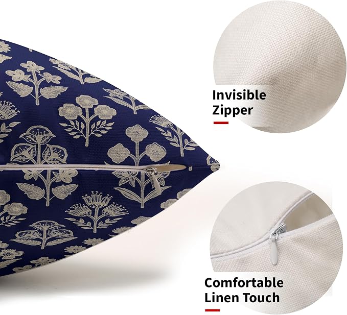 Navy Blue Pillow Covers 12x20 Inch Set of 2, Cream Floral Block Print Pattern - Image 2