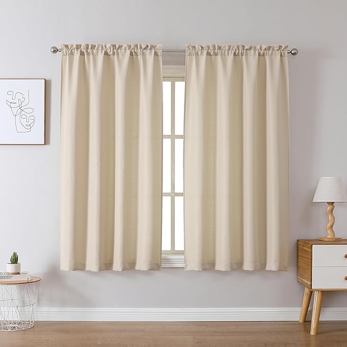 Chyhomenyc Bedroom Curtains 45 Inch Length 2 Panels, Faux Linen Textured Semi - Image 2