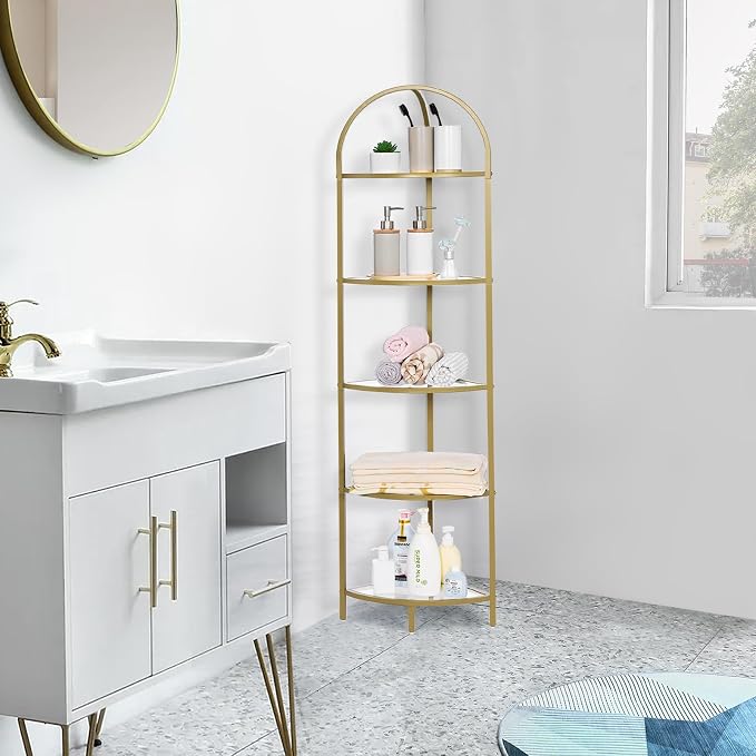 Homhedy 5-Tier Corner Shelf Stand, Metal Corner Bookshelf, Tempered Glass - Image 5