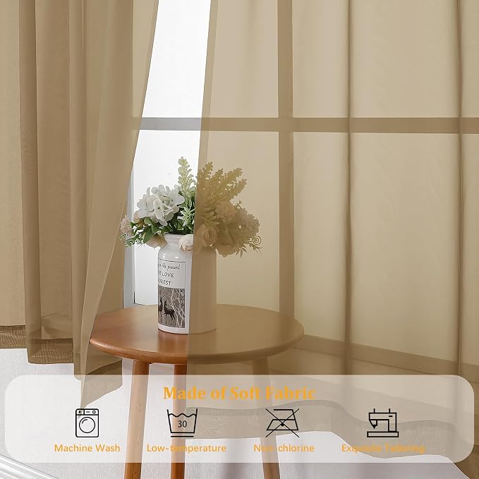 Gwine Taupe Sheer Curtains for Bedroom 54 inches Long 2 Panels, Light Filtering - Image 7