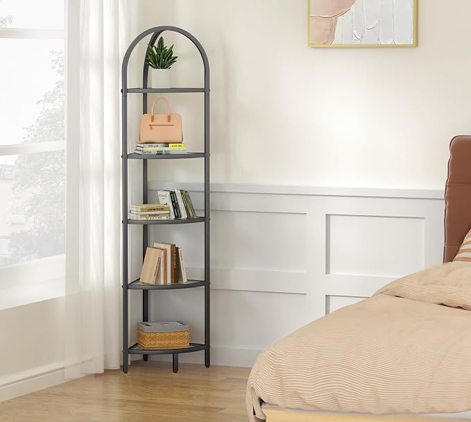 Homhedy 5-Tier Corner Shelf Stand, Metal Corner Bookshelf, Tempered Glass - Image 8