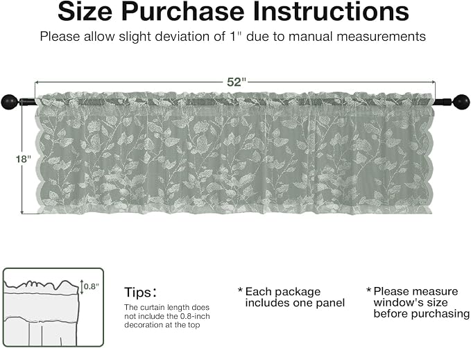 Rinwoc Sage Green Lace Semi-Sheer Valance Curtains – Vintage Leaf Lace Tier - Image 2