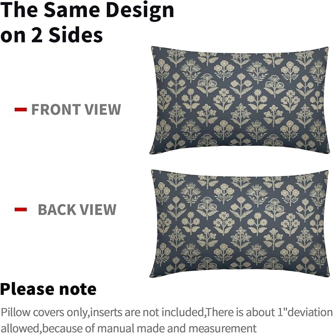 Dusty Blue Pillow Covers 12x20 Inch Set of 2, Cream Floral Block Print Pattern - Image 4