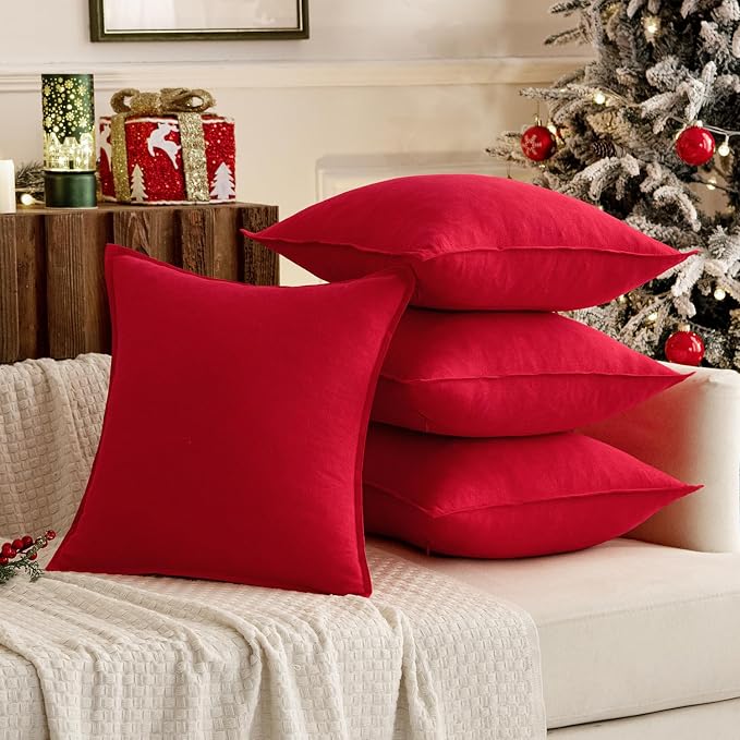 MIULEE Decorative Linen Pillow Covers 20x20 Inch Red ​Boho Farmhouse​ ​Neutral - Image 3