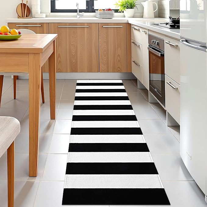 OLANLY Black and White Striped Rug 2' x 6' – Washable Cotton Indoor Outdoor - Image 3