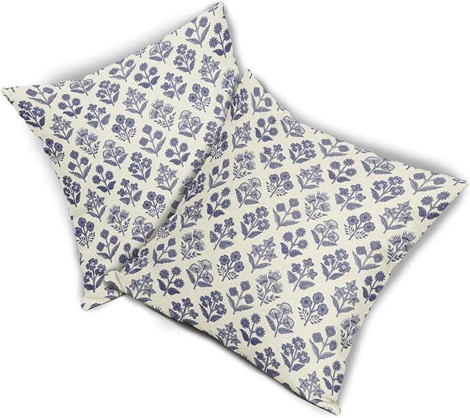 Navy Blue Floral Pillow Covers 24x24 Inch Set of 2, Vintage Flower Block Print - Image 8