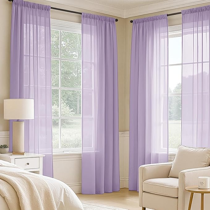 MIULEE Light Purple Sheer Curtains 108 Inches Long, 4 Panels Set, Lavender - Image 2