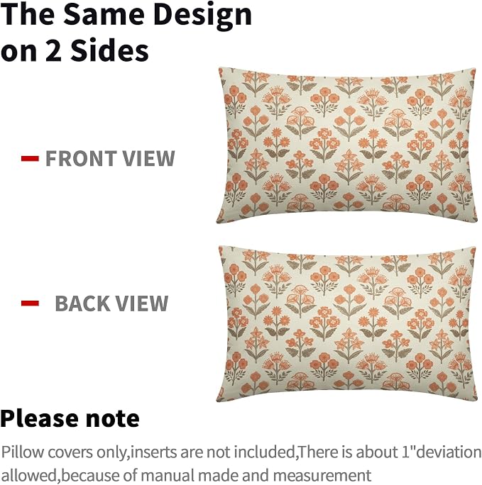 Brown Orange Floral Pillow Covers 12x20 Inch Set of 2, Block Print Lumbar - Image 4