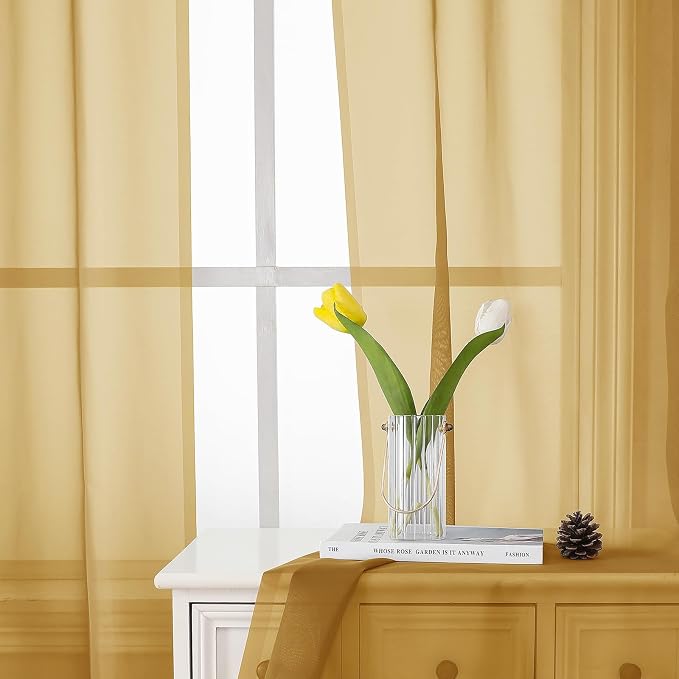 Lecloud Gold Sheer Curtains 84 Inches Long 2 Panels, Light Filtering Airy Voile - Image 8