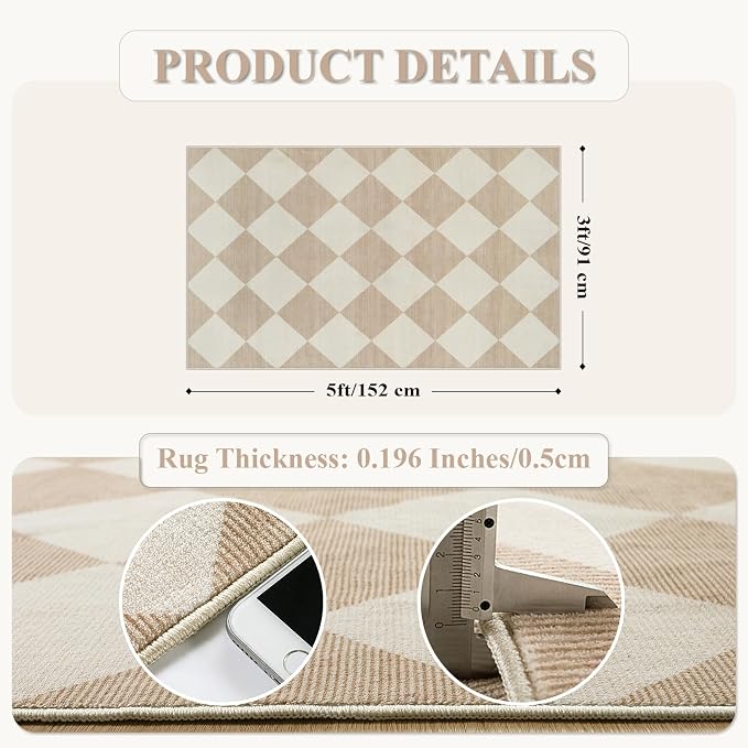 Beeiva Checkered Print 3x5 Washable Area Rug - Image 2