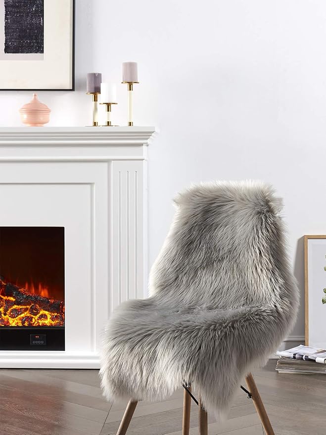 SERISSA Faux Sheepskin Fur Area Rug Grey Fur Chair Cover Seat Pad Small Fuzzy - Image 2