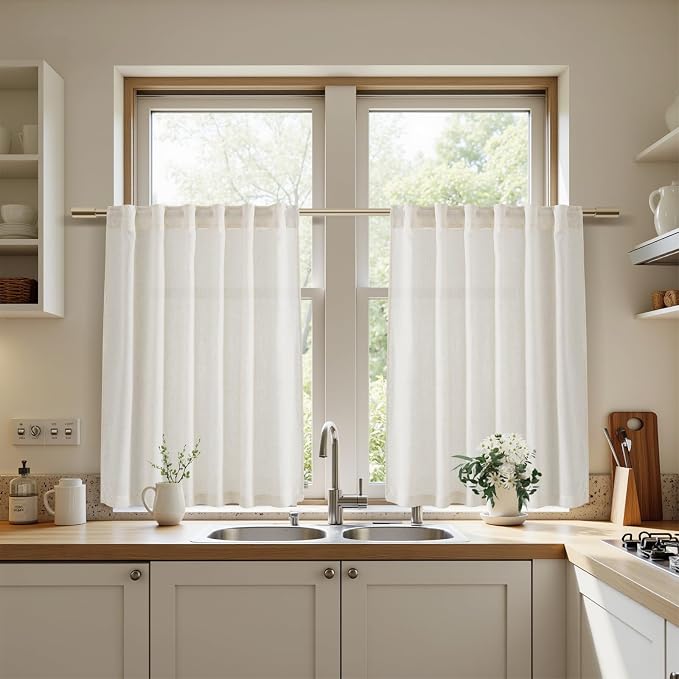 Nanspring Cream Short Linen Kitchen Curtains 36 Inch Length, Over Sink Light - Image 5