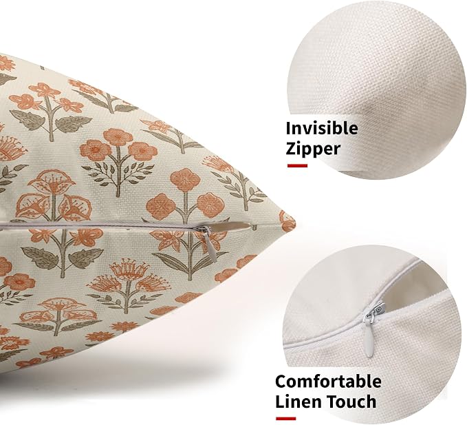 Brown Orange Floral Pillow Covers 12x20 Inch Set of 2, Block Print Lumbar - Image 2