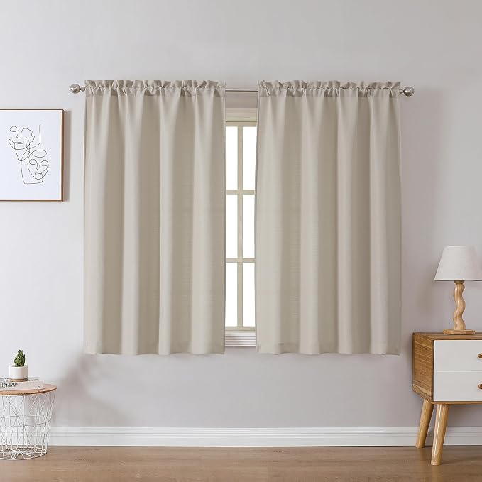 Chyhomenyc Curtains 45 Inch Length 2 Panels, Faux Linen Textured Semi Light - Image 2
