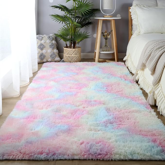 Rainbow Rugs for Girls Bedroom 3x5: Shag Fuzzy Area Rug for Kids Playroom - Image 2