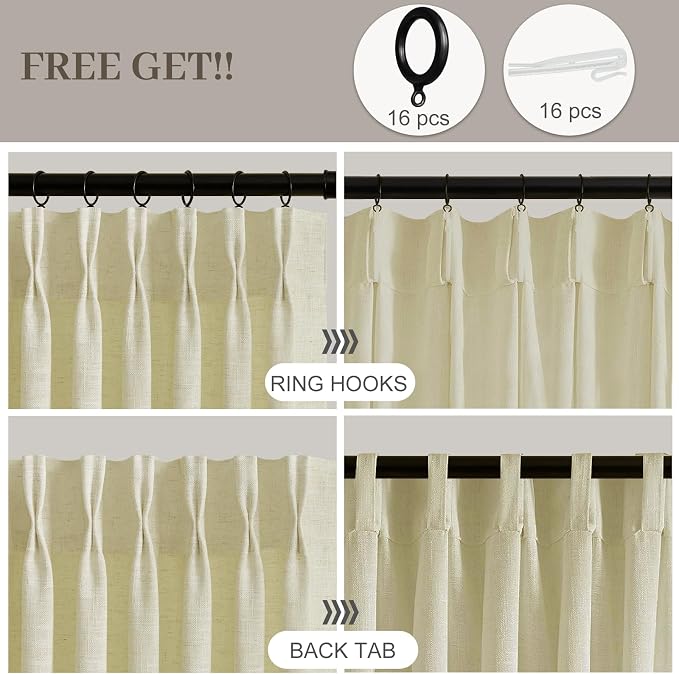 IVAPUPU Pinch Pleated Linen Curtains 102 Inches Long 2 Panels - Image 3