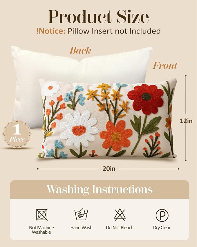 Embroidered Lumbar Pillow Cover 20x12 Inch - Image 4