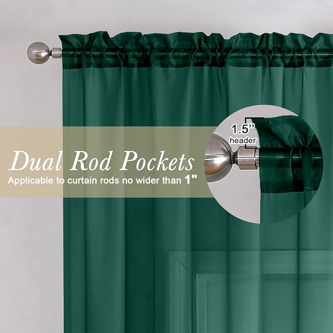 Lecloud Hunter Green Sheer Curtains 84 Inches Long 2 Panels Set, Rod Pocket - Image 2