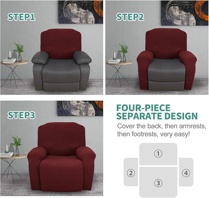 YEMYHOM 4 Pieces Stretch Recliner Slipcover Latest Jacquard Recliner Chair Cover - Image 7