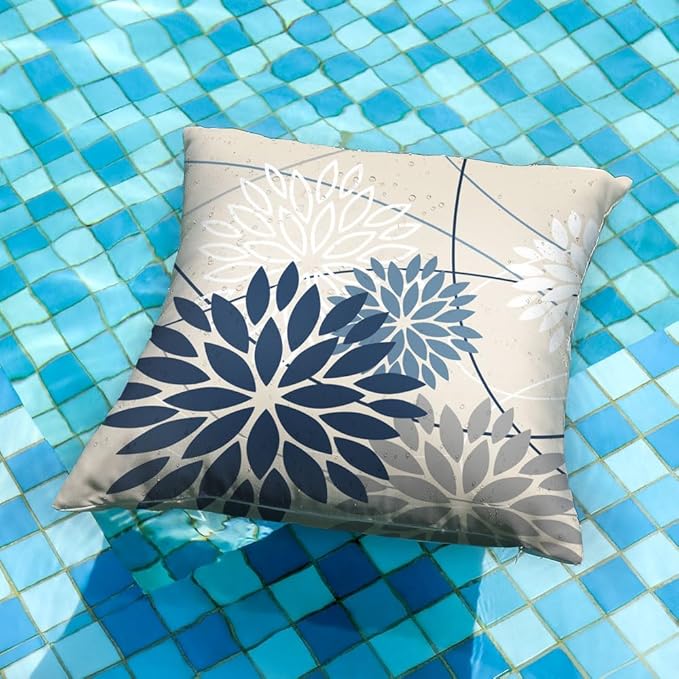Blue and Gray Floral Pillow Covers 22x22 Set of 2 Outdoor Waterproof White - Image 2