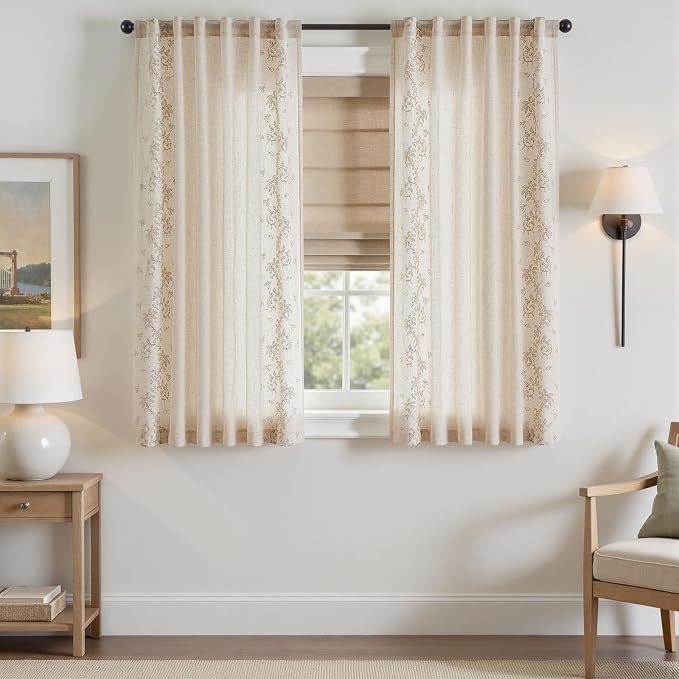jinchan Evelyn Embroidered Linen Curtains 63 inch Floral Curtains - Image 2