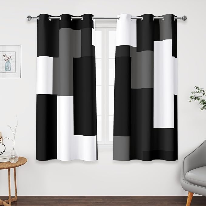 Tyrot Black Grey Short Blackout Curtains 45 inch Length 2 Panels Set White Grey by TyrotHomeDecor