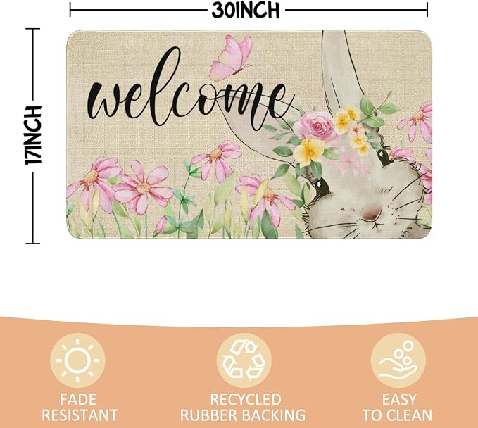 Easter Door Mat, Spring Bunny Floral Flower Indoor Outdoor Non-Slip Doormat - Image 3