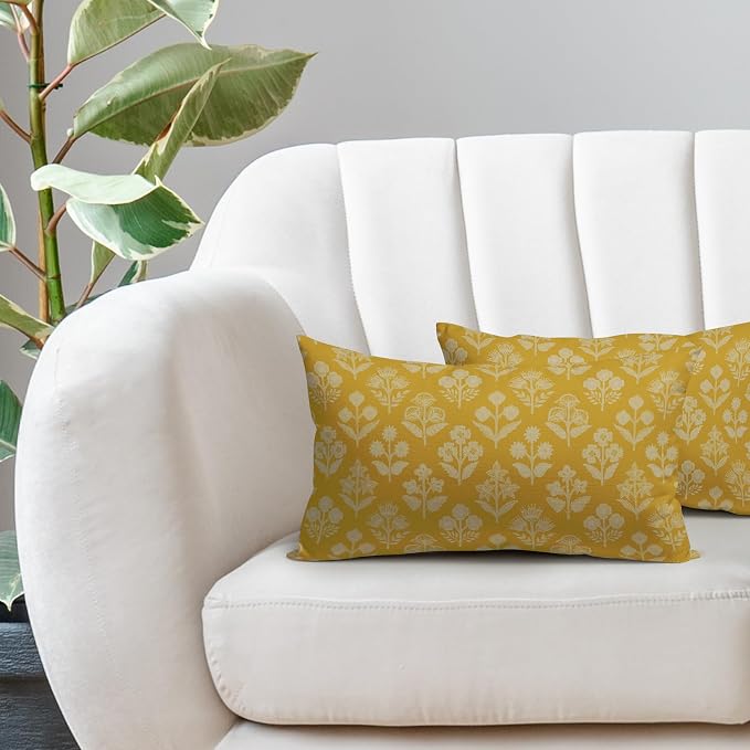Yellow Pillow Covers 12x20 Inch Set of 2, Cream Floral Block Print Pattern - Image 5