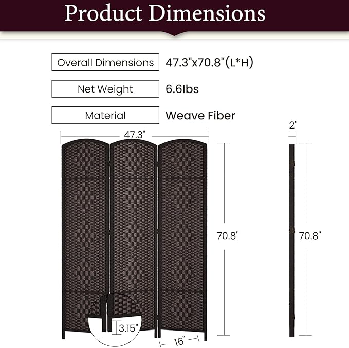 Rose Home Fashion Room Divider 5.6 ft.Tall-15.7" Wide Weave Fiber 3 Panels Room - Image 3