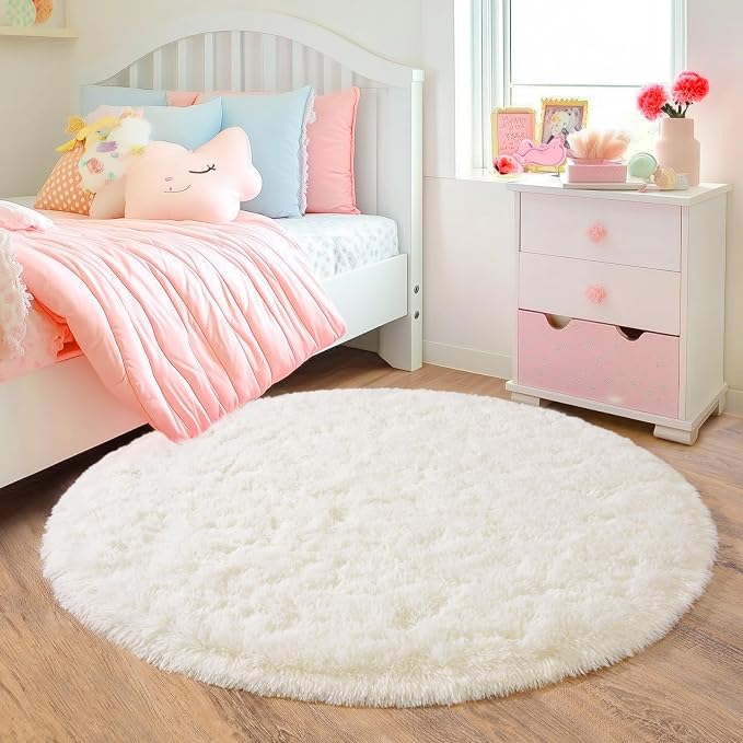 3'x3' Cream Round Rugs for Girls Bedroom, Ultra Soft Fluffy Circle Rug for Kids - Image 3