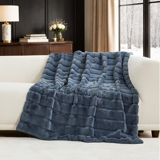 Cozy Bliss Deluxe Sheared Rabbit Faux Fur Throw Blanket, Soft Fuzzy High-Low - Image 8