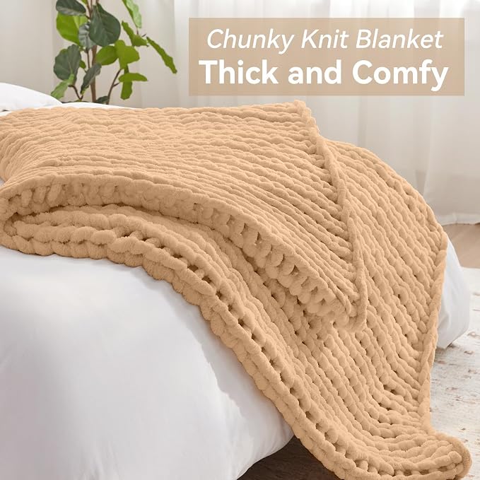 Negwoo Chunky Knit Throw Blanket, Handmade Beige Crochet Big Thick Blanket - Image 5