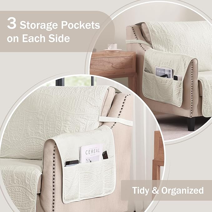 Ivory White Loveseat Couch Cover 2 Cushion Sofa, Water-Repellent Sofa Slipcover - Image 4