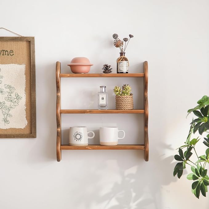 100% Solid Wood Wall Shelf 3-Tier, Rustic Floating Shelves Wall Mounted Storage - Image 4