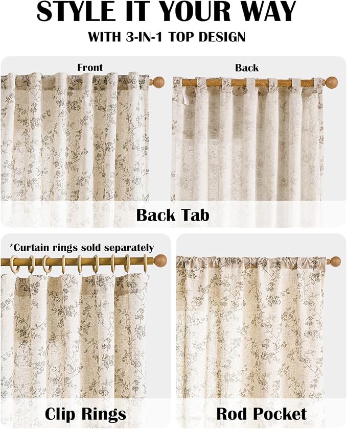 Lazzzy Grey Floral Linen Curtains 90 Inch Farmhouse Back Tab Drapes - Image 4