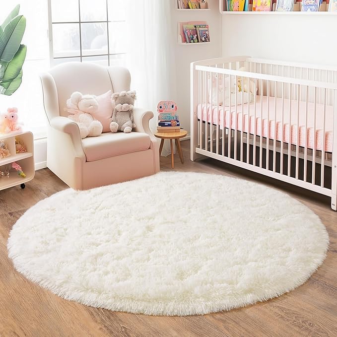3'x3' Cream Round Rugs for Girls Bedroom, Ultra Soft Fluffy Circle Rug for Kids - Image 8