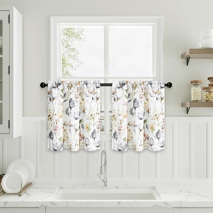 Leeva Tiers Curtains for Kitchen Windows, Farmhouse Style Flower Print View - Image 2