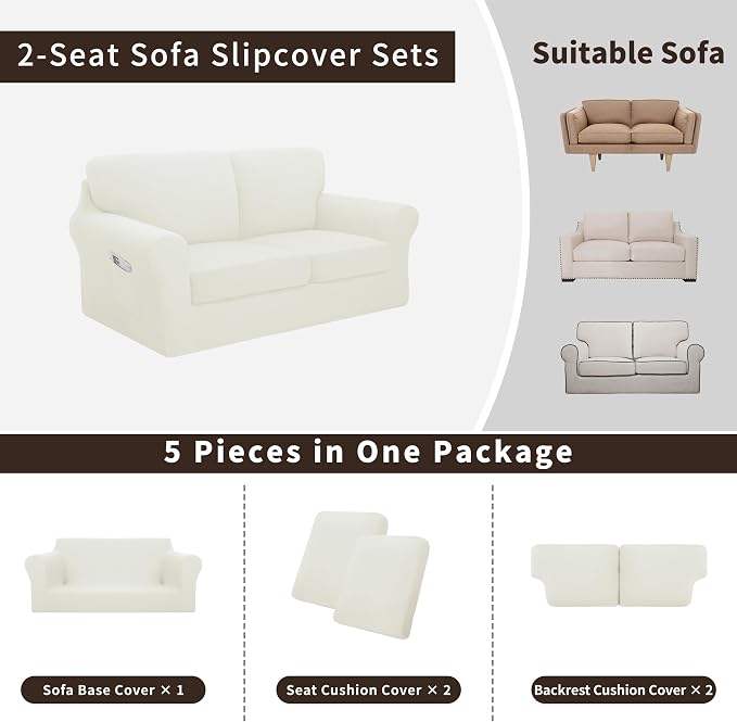 Easy-Going 5 Pieces Stretch Loveseat Cover Washable Loveseat Slipcover Set - Image 3