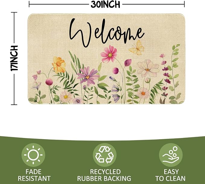 Spring Summer Door Mat, Flower Floral Butterfly Indoor Outdoor Non-Slip Doormat - Image 3