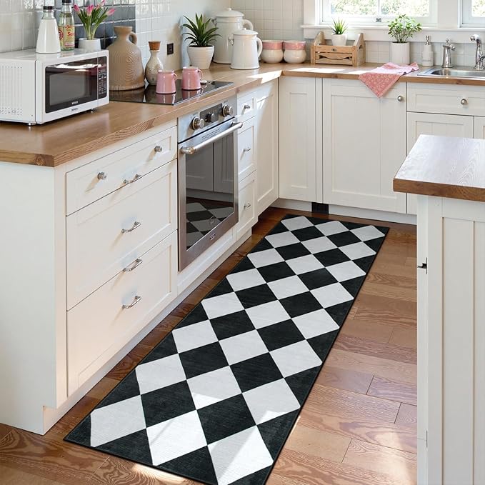 Beeiva Checkered Print Black Bathroom Runner Rug 2x6, Washable Ultra Thin Non - Image 3