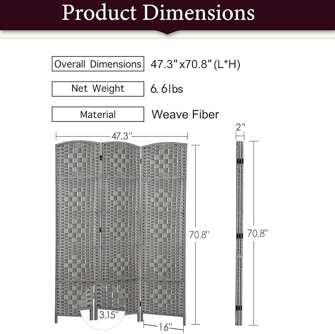 Rose Home Fashion Room Divider 5.6 ft.Tall-15.7" Wide Weave Fiber 3 Panels Room - Image 2