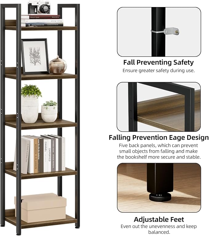 NUMENN Narrow Bookshelf, 5 Tier Bookshelves, Home Office Bookcase Shelf Storage - Image 6