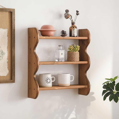 100% Solid Wood Wall Shelf 3-Tier, Rustic Floating Shelves Wall Mounted Storage by HuiDao