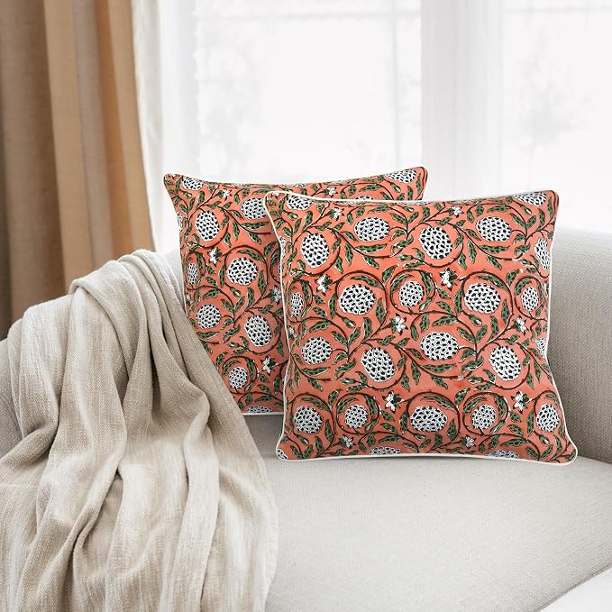 Ridhi Block Print Dark Salmon Pink Pillow Cover 20" x 20" Decorative Couch - Image 6