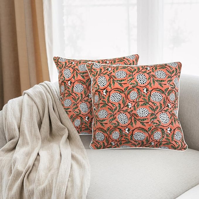 Ridhi Block Print Dark Salmon Pink Pillow Cover 16" x 16" Decorative Couch - Image 6